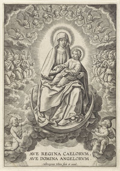 Maria med Kristusbarnet på halvmånen Ave Regina Caelorvm, Ave Domina Angelorvm (titel på objekt) av Hieronymus Wierix