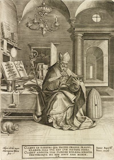 Saint Ambrose, från serien Kyrkans fyra fäder, pub. 1586 av Hieronymus or Jerome Wierix