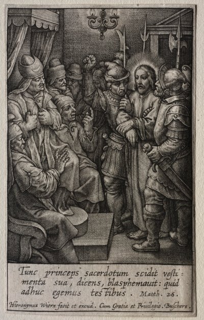 Passionen: Kristus inför översteprästen. av Hieronymus or Jerome Wierix
