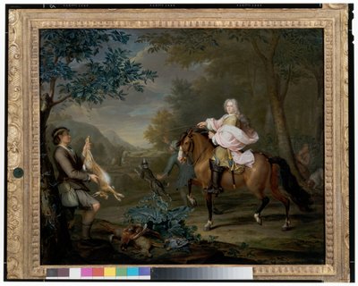 En gentleman till häst med jägare i ett vidsträckt landskap av Hieronymus van der Mij