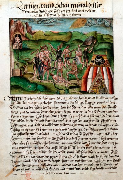 Venezuelaner attackerar spanska conquistadorer, c1500-talet av Hieronyouse Koler