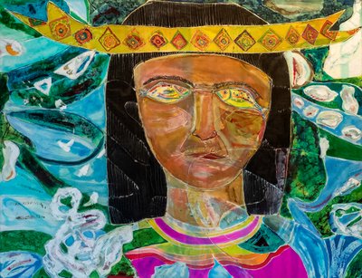 Amazonas-Shaman Olivia Arevalo, 2022 (färg och måla på siden) av Hilary Simon
