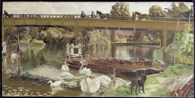Swans, Cookham Bridge (olja på duk) av Hilda Carline