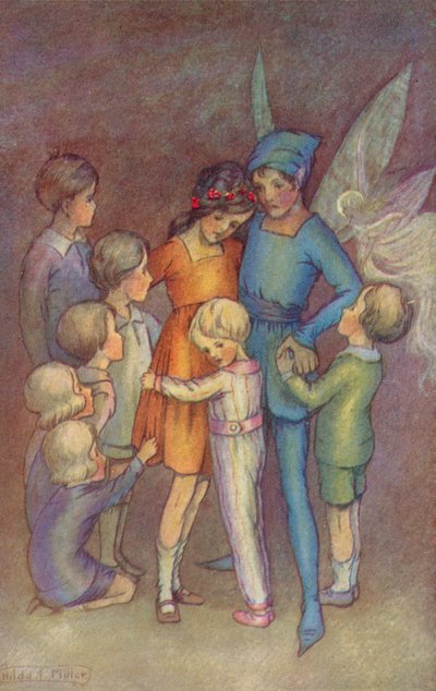 Peter Pan och Tinkerbel (färglitografi) av Hilda Theodora Miller