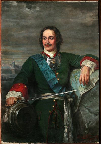 Porträtt av Pierre Ier Le Grand (1672-1725) tsar de Russie - Peter den store (efter Hippolyte Delaroche) - Bezler-Ciszewska, Henryka - 1914 - Olja på duk - 170x119 - Regionala I. Kramskoi konstmuseum, Voronezh av Hippolyte Delaroche