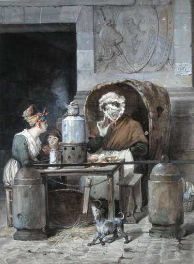 Kaffesäljare i hörnet av Porte Saint-Denis, 1830 (wc på papper) av Hippolyte Adam