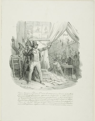 Kom in, mina damer och herrar, inuti ser du den berömda litografenantoccini-familjen ... Frontispiece för "Album of 1824" av Hippolyte Bellange