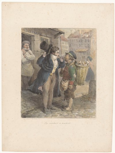 Välklädd herre tänder sin cigarr från pipan till en arbetare i trasor Les extrêmes se touchent (titel på objekt) Litografiska skisser (serietitel) Croquis lithographiques (serietitel på objekt) av Hippolyte Bellange