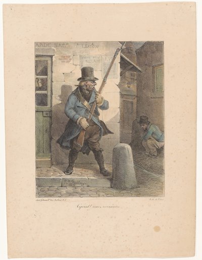 Militären ringer korpral, som gör sina affärer på gatan kaporal! Venez reconnaître (titel på objekt) Litografiska skisser (serietitel) Croquis lithographiques (serietitel) av Hippolyte Bellange
