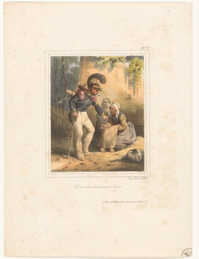 Soldat ger en fattig kvinna lite pengar Dieu vous benira mon brave (titel på objekt) Litografiskt album nr 9 (serietitel) av Hippolyte Bellange