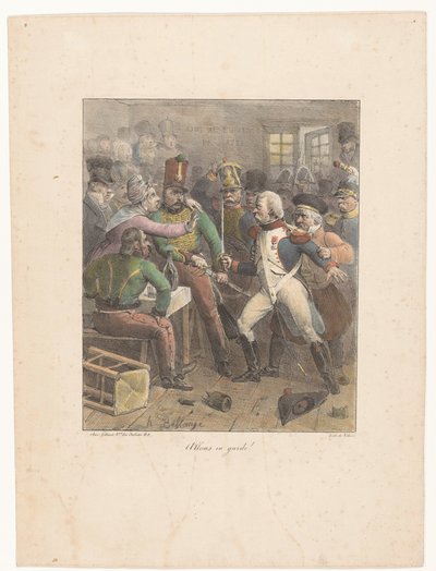 Två soldater korsar svärd på en pub Allons och vakt! (titel på objekt) Litografiska skisser (serietitel) Croquis lithographiques (serietitel) av Hippolyte Bellange