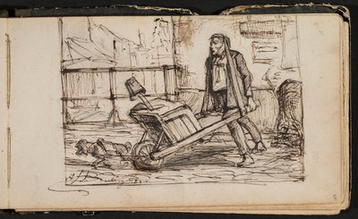 Man med skottkärra och liten hund (sida ur en skissbok) av Hippolyte Boulenger