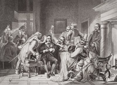 Charles I (1600-49) i vaktrummet förolämpad av Oliver Cromwells soldater, från 