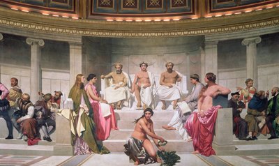 Hemicycle: Artists of All Ages, detalj av Ictinus, Apelles och Phidias, 1836-41 fresk se även 83553 och 83555 av Hippolyte Delaroche