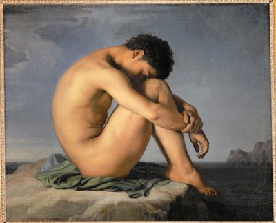 Naken ung man sitter vid havet ... av Hippolyte Flandrin
