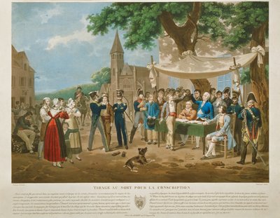Gravyr efter Lecomte: Värnpliktiga som lottas ut (gravyr) av Hippolyte Lecomte
