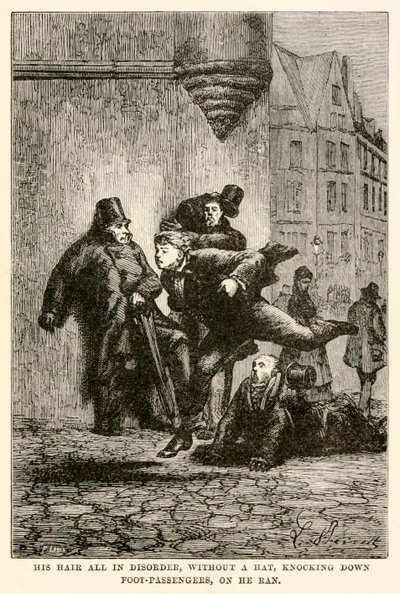Hans hår helt i oordning, utan hatt, knackade fotpassagerare, på han sprang, från 