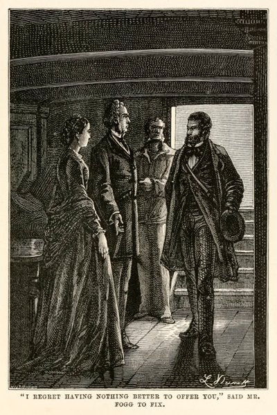 ""Jag beklagar att jag inte har något bättre att erbjuda dig", sa mr Fogg till Fix", ur "Jorden runt på åttio dagar" av Jules Verne (1828-1905), graverad av Henri-Théophile Hildebrand (1824-97). av Hippolyte Leon (after) Benett
