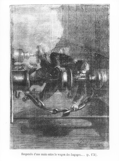 Hängande i en hand mellan bagagebilen, illustration från 