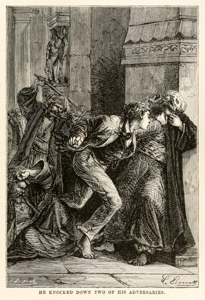 Han slog ner två av sina motståndare, från Around the World in Eighty Days av Jules Verne (1828-1905), graverad av Louis Dumont (f.1822), 1873 av Hippolyte Leon Benett