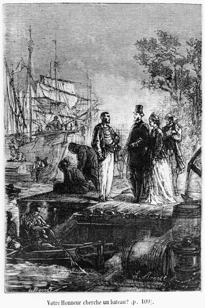 Letar ers heder efter en båt, illustration från "Jorden runt på åttio dagar" av Jules Verne (1828-1905) sent 1800-tal av Hippolyte Leon Benett