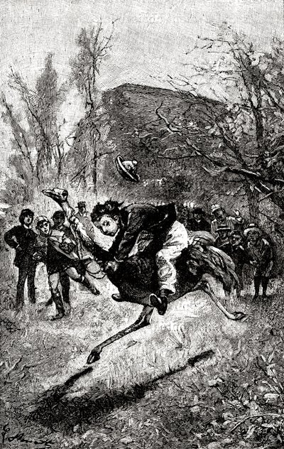 Den unga Servicen rider på en struts. Gravyr av Hippolyte Leon Benett