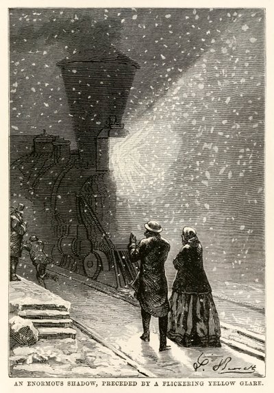 En enorm skugga, som föregås av ett flimrande gult sken, från Jorden runt på åttio dagar av Jules Verne (1828-1905) graverad av Adolphe François Pannemaker (1822-1900), 1873 av Hippolyte Leon after Benett