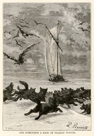 Och ibland en flock prärievargar, från Around the World in Eighty Days av Jules Verne (1828-1905) graverad av Louis, 1873 av Hippolyte Leon after Benett