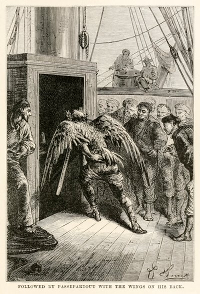 Följt av Passepartout med vingarna på ryggen, från Jorden runt på åttio dagar av Jules Verne (1828-1905), graverad av Adolphe François Pannemaker (1822-1900), 1873 av Hippolyte Leon after Benett