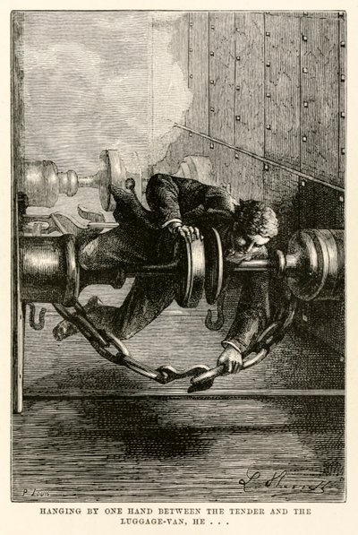 Han hänger med ena handen mellan anbudet och bagagebilen... från Around the World in Eighty Days av Jules Verne (1828-1905) graverad av Louis, 1873 av Hippolyte Leon after Benett