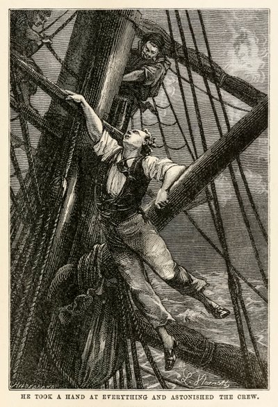 Han tog hand om allt och förvånade besättningen, från Jorden runt på åttio dagar av Jules Verne (1828-1905) graverad av Henri-Théophile Hildebrand (1824-97), 1873 av Hippolyte Leon after Benett