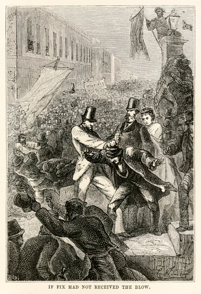 Om Fix inte hade fått slaget, från Jorden runt på åttio dagar av Jules Verne (1828-1905) graverad av Henri-Théophile Hildebrand (1824-97), 1873 av Hippolyte Leon after Benett