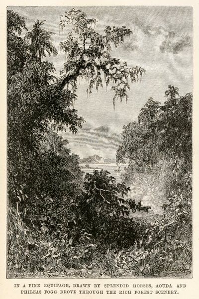 I en fin utrustning, ritad av fantastiska hästar, körde Aouda och Phileas Fogg genom det rika skogslandskapet, från Jorden runt på åttio dagar av Jules Verne (1828-1905) graverad av Henri-Théophile av Hippolyte Leon after Benett