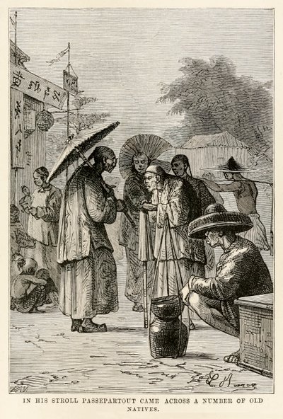 Under sin promenad stötte Passepartout på ett antal gamla infödda, från Jorden runt på åttio dagar av Jules Verne (1828-1905), graverad av Adolphe François Pannemaker (1822-1900), 1873 av Hippolyte Leon after Benett
