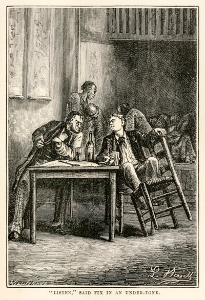 Lyssna, sa Fixa i en underton, från Jorden runt på åttio dagar av Jules Verne (1828-1905) graverad av Henri-Théophile Hildebrand (1824-97), 1873 av Hippolyte Leon after Benett