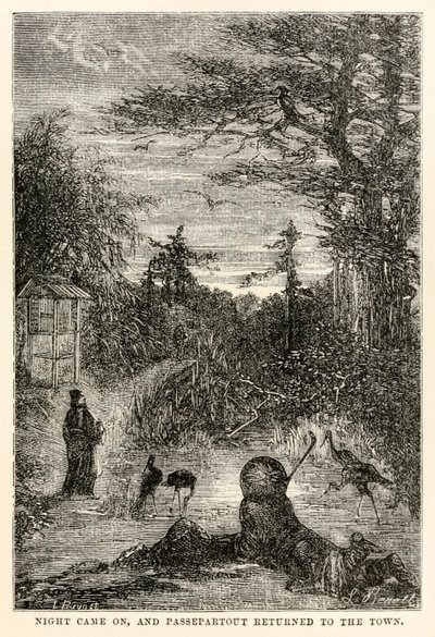 Natten kom och Passepartout återvände till staden, från Around the World in Eighty Days av Jules Verne (1828-1905), graverad av Louis Prevost, 1873 av Hippolyte Leon after Benett