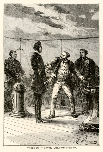 Pirat! ropade Andrew Speedy., från Around the World in Eighty Days av Jules Verne (1828-1905) graverad av Louis Dumont (f.1822) 1873 av Hippolyte Leon after Benett