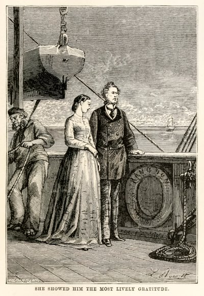 Hon visade honom den mest livliga tacksamhet, från Jorden runt på åttio dagar av Jules Verne (1828-1905) graverad av Henri-Théophile Hildebrand (1824-97), 1873 av Hippolyte Leon after Benett