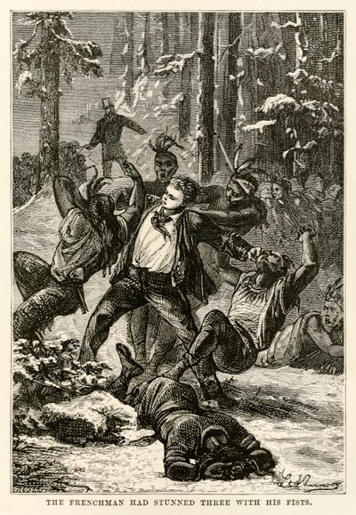 Fransmannen hade bedövat tre med knytnävarna, från Jorden runt på åttio dagar av Jules Verne (1828-1905) graverad av Henri-Théophile Hildebrand (1824-97), 1873 av Hippolyte Leon after Benett