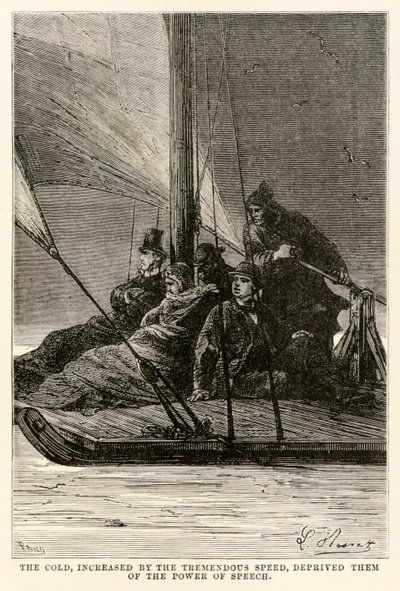 Kylan, ökad av den enorma hastigheten, berövade dem talets kraft, från Jorden runt på åttio dagar av Jules Verne (1828-1905) graverad av Adolphe François Pannemaker (1822-1900), av Hippolyte Leon after Benett