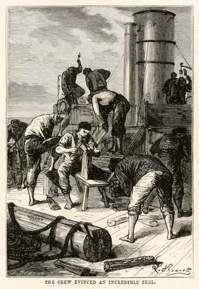 Besättningen visade en otrolig iver, från Around the World in Eighty Days av Jules Verne (1828-1905) graverad av Louis Dumont (f.1822), 1873 av Hippolyte Leon after Benett