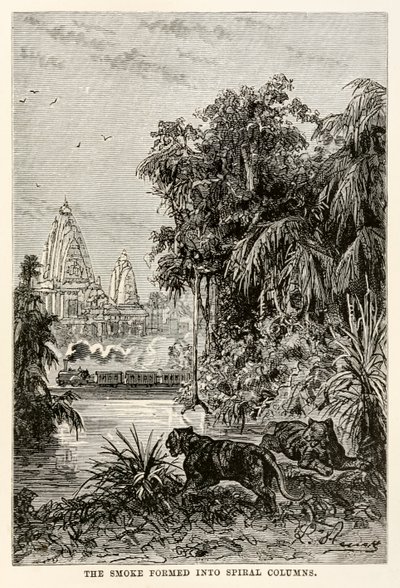 Röken formade sig till spiralpelare, från Around the World in Eighty Days av Jules Verne (1828-1905), 1873 av Hippolyte Leon after Benett