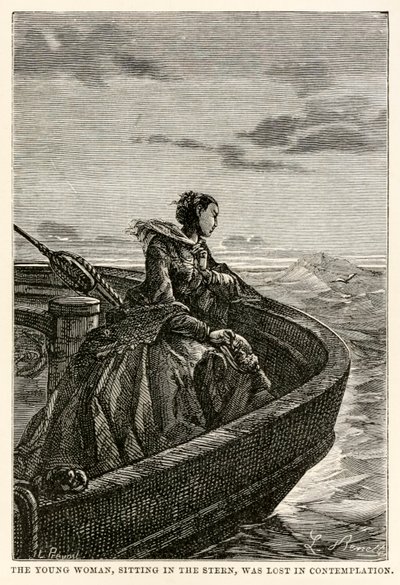 Den unga kvinnan, som satt i aktern, förlorades i kontemplation, från Jorden runt på åttio dagar av Jules Verne (1828-1905), graverad av Jean Louis Prevost, (1790-1850), 1873 av Hippolyte Leon after Benett