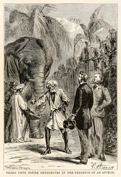 Där befann de sig i närvaro av ett djur, från Jorden runt på åttio dagar av Jules Verne (1828-1905), graverad av Adolphe François Pannemaker (1822-1900), 1873 av Hippolyte Leon after Benett