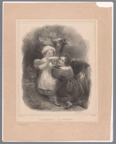 Två barn med en get dricker getmjölk La Campagne / Country (titel på objekt) av Hippolyte Louis Garnier