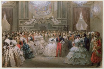 Drottning Victoria (1819-1901) och prins Albert (1819-61) vid en galamiddag anordnad av Napoleon III och Eugenie, 1853 (wc på papper) av Hippolyte Louis Pauquet
