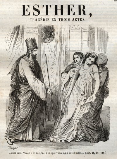 Scen från Esther, tragedi av Jean Racine (1639Ð1699) - gravyr i "" Verk av Jean Racine"" illustrerad av Pauquet och notis av Emile de La Bedolliere - 1851 av Hippolyte Louis Pauquet