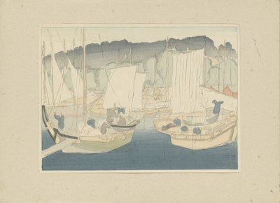Båtar i hamnen i Shiogama Shiogama (titel på objekt) Del tre, Tôhoku-området (serietitel) Dai sanshû, Tôhoku no bu (serietitel på objekt) Tryck av japanska landskap (serietitel) Nihon fukei hanga (serietitel på objekt) av Hirafuku Hyakusui