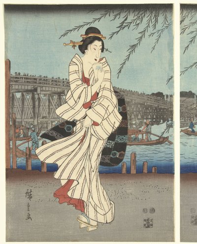 Kända platser i den östra huvudstaden: Njut av en kvällsbris vid Ryogoku-bron av Hiroshige (I) , Utagawa