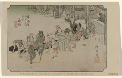 Fujieda Nr 23. Fujiyeda: en av de femtiotre uppmärksammade platserna på Tokaido, målad av Hiroshige (titel på objektet) De Tôkaidô van Hiroshige (serietitel) Hiroshige no fude Tôkaidô (serietitel på objekt) av Hiroshige (I) , Utagawa